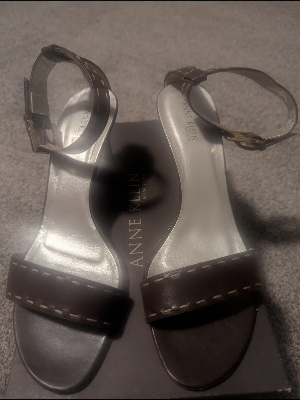 Anne Klein Brown Leather Ankle-Strap Sandals
